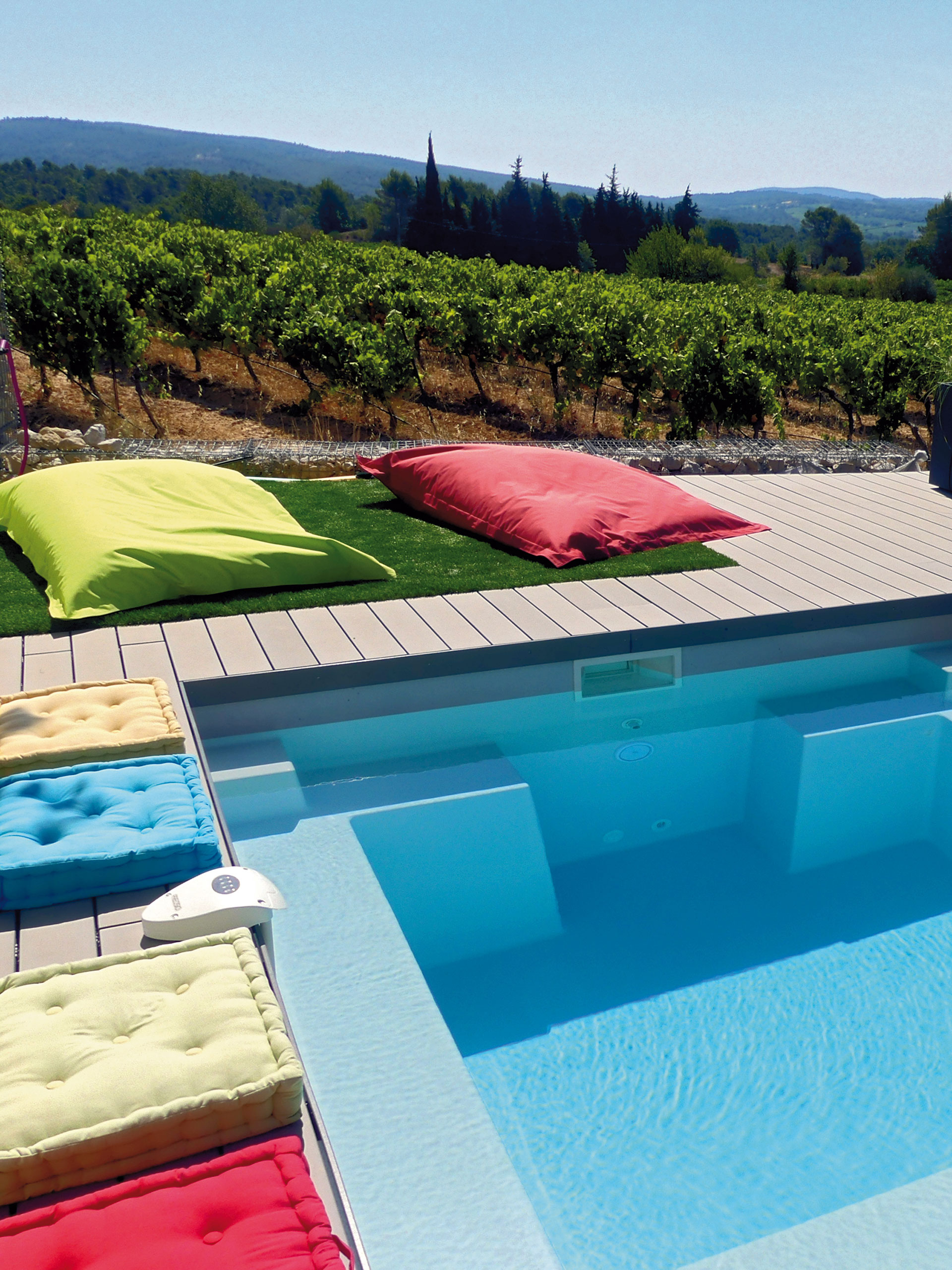 Piscine coque moderne entourée d'un cadre naturel avec terrasse en bois, coussins colorés et vignes luxuriantes en arrière-plan, créant une ambiance élégante et paisible pour une expérience de vie extérieure.