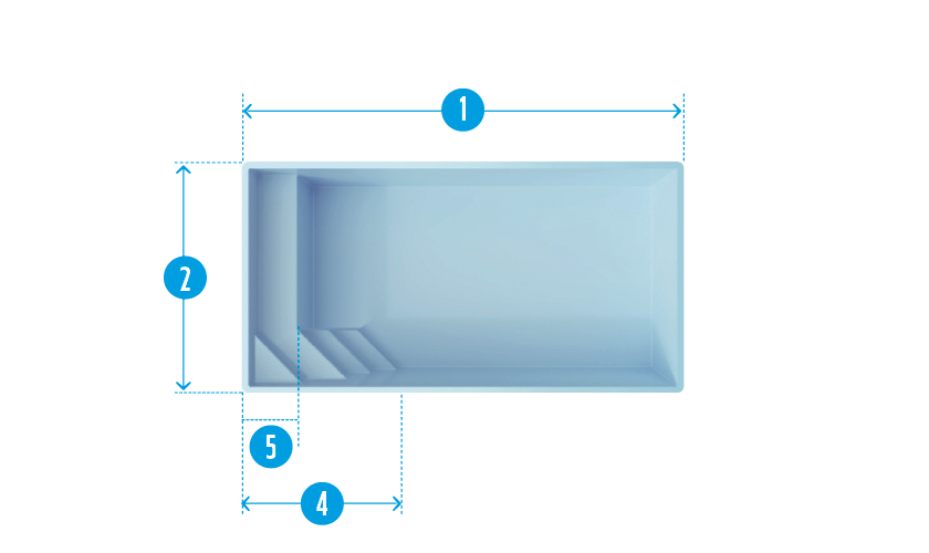 Schéma de piscine coque rectangulaire avec bords arrondis, design moderne, dimensions indiquées, escaliers intégrés, couleur bleu clair, idéale pour installation rapide et loisirs familiaux.