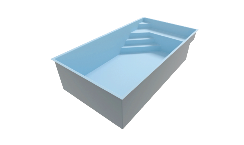 Piscine coque rectangulaire en polyester bleu clair avec marches intégrées, idéale pour la natation et les loisirs en famille, finition lisse pour un entretien facile