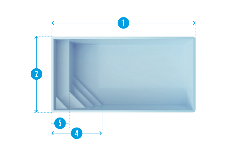 Schéma détaillé d'une piscine coque rectangulaire avec dimensions, escaliers intégrés pour un accès facile, mis en valeur par une coque bleue symbole de propreté et durabilité, idéal pour installations rapides et entretien aisé, parfait pour natation et loisirs.