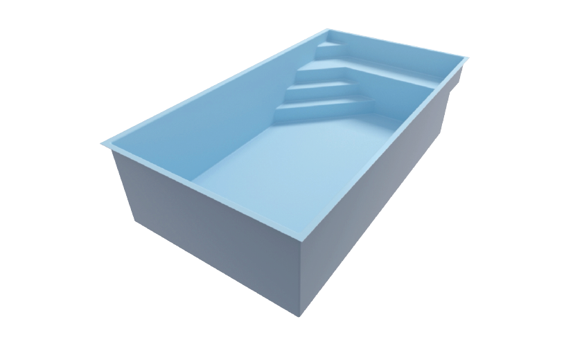 Piscine coque rectangulaire moderne avec angles arrondis, couleur bleue évoquant fraicheur, escaliers intégrés pour accès facilité, fond légèrement incliné pour profondeur variable, idéale pour une intégration harmonieuse dans jardin ou terrasse.