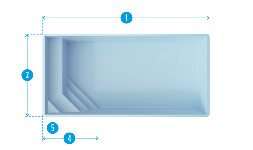 Schéma détaillé d'une piscine coque rectangulaire avec coins arrondis, montrant dimensions clés pour longueur, profondeur et escaliers intégrés, idéal pour activités récréatives, soulignant durabilité et esthétique en bleu clair typique du matériau polyester.