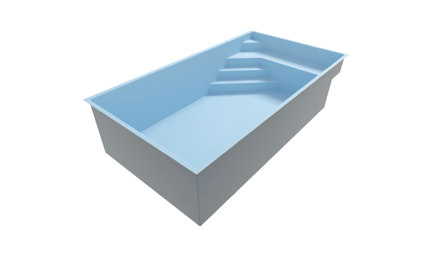 Piscine coque rectangulaire avec angles arrondis et marches intégrées, couleur bleu clair pour un effet apaisant, idéale pour jardins, facile à installer et entretenir, modèle durable en matériaux composites.