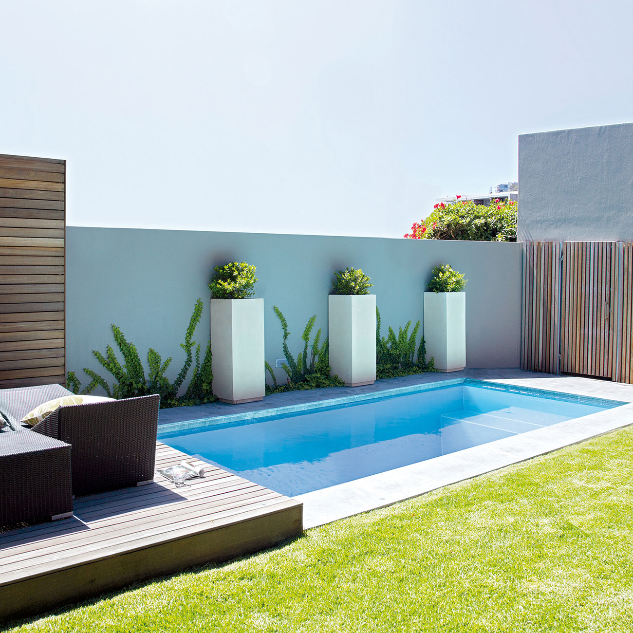 Espace extérieur moderne avec piscine coque rectangulaire, eau bleue claire, terrasse en bois, plantes vertes et mobilier de jardin, ambiance relaxante